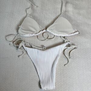 Zaful Women’s Bikini L Beige Halter Ribbed Tie Side Strappy Thong Swim Set